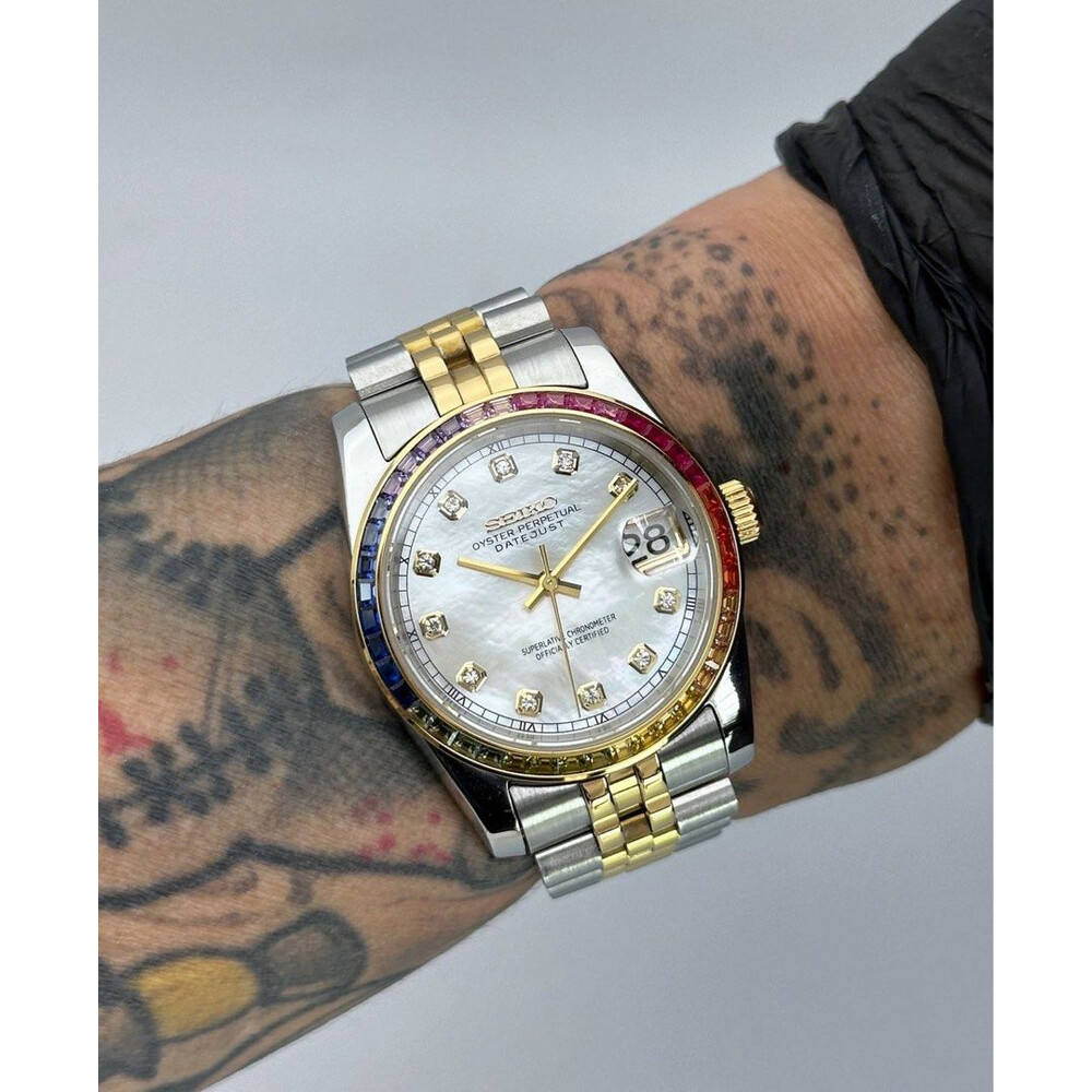 Custom Seiko Mod • 2-Tone Gold Rainbow Diamond Bezel on Diamond MOP Dial Datejust • 36mm